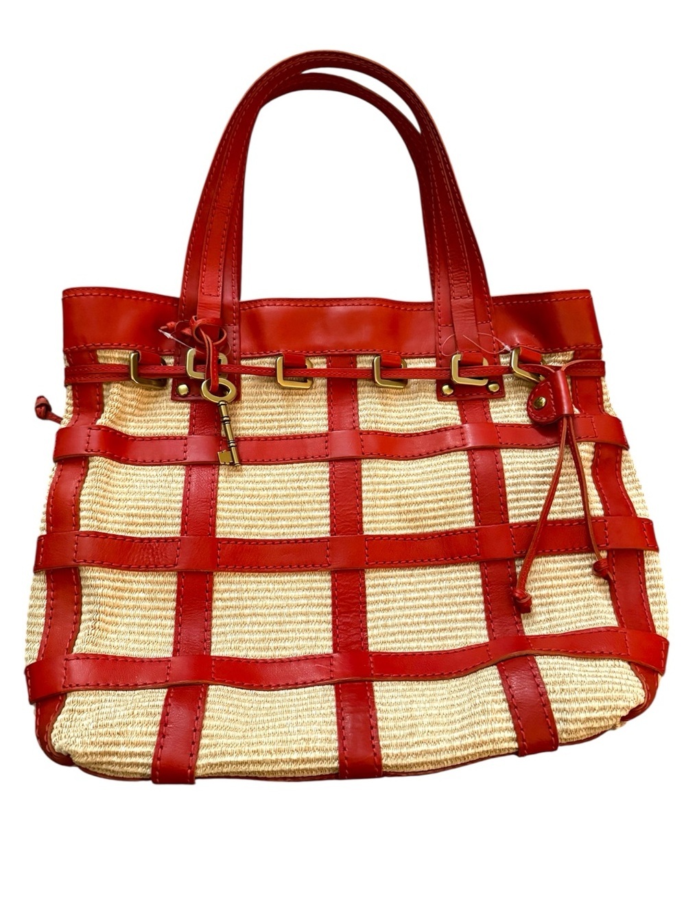 Fossil Fifty Four Red Leather Straw Oversized Tote Bag Woven Coastal Resort NWOT - Picture 2 of 8